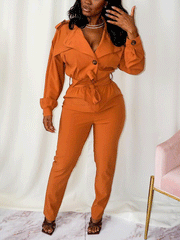 Lace Up Solid Turndown Collar Jumpsuit