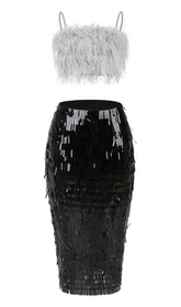 FEATHER TOP SEQUIN MIDI DRESS IN BLACK