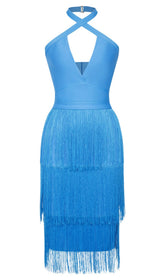 TASSEL HALTER BANAGE MIDI DRESS IN PURE BLUE