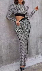 MONOGRAM PRINTED SHOULDER PAD SUIT IN WHITE AND BLACK