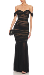 OFF SHOULDER MESH RUCHED MAXI DRESS