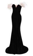 ELEGANT FEATHER OFF SHOULDER FISHTAIL MAXI DRESS IN BLACK