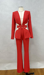 V-NECK SUIT WITH HOLLOWED-OUT WAIST IN RED