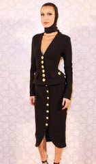 V-NECK METAL BUTTON DECORATIVE SLIM FIT SKIRT IN BLACK