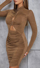 CARAMEL TURTLENECK WAIST HOLLOW PLEATED DRESS