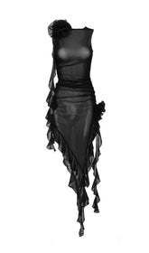 PERSPECTIVE RUFFLE MIDI DRESS IN BLACK