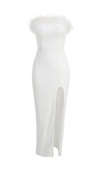 OSTRICH HAIR DECORATIVE BANDEAU MAXIC DRESS IN WHITE