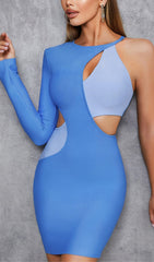 BLUE ROUND-NECK IRREGULAR STITCHED ONE-SHOULDER MINI DRESS
