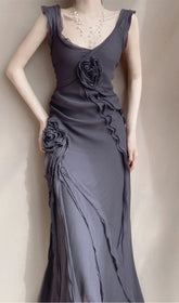 MESH VINTAGE FLORAL PLEATED MAXI DRESS IN GREY