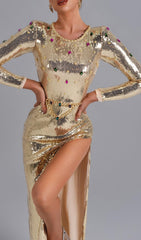 LONG SLEEVES SEQUIN MAXI DRESS IN GOLD