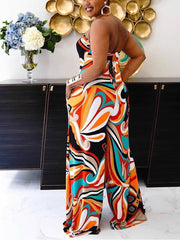 Print Split Joint Strapless Straight Jumpsuits