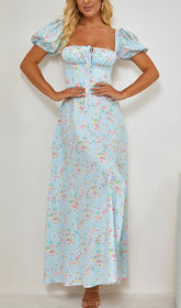 VINTAGE FLORAL PUFF SLEEVE MIDI DRESS IN BLUE