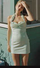HANGING NECK PLEATED BANDEAU DRESS IN MINT GREEN