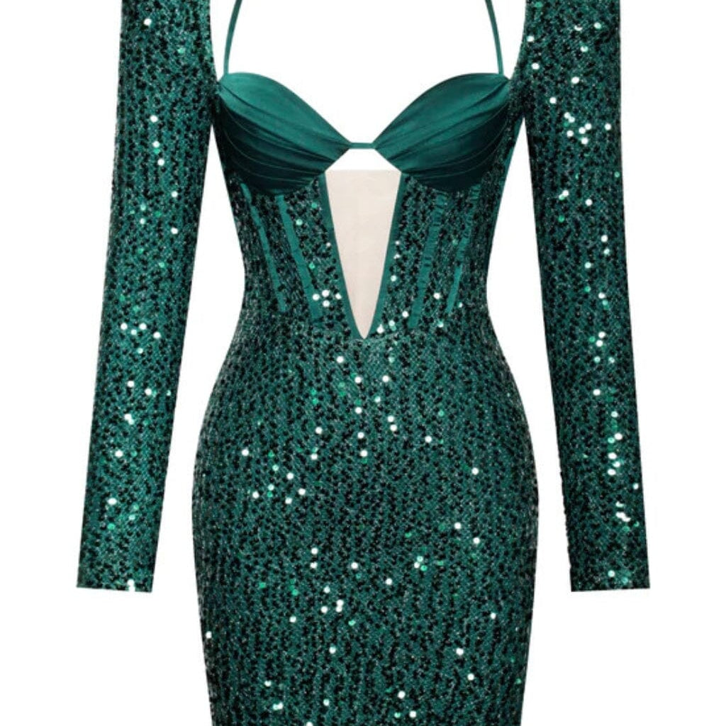 MELINA EMERALD GREEN LONG SLEEVE SEQUIN DRESS – Aesvs