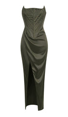 STRAPLESS SATIN SPLIT MAXI DRESS