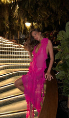 PLUNGING NECKLINE RUFFLE DRESS IN PINK