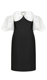 OFF SHOULDER BLACK AND WHITE PATCHWORK MINI DRESS