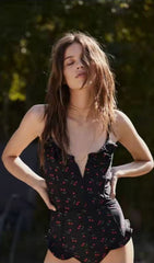 CHERRY PLUNGE SWIMSUIT - BLACK