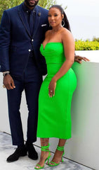 STRAPLESS BANDAGE MIDI DRESS IN GREEN