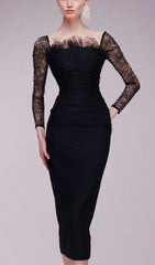 LACE LONG SLEEVE PLEATED DRESS IN BLACK