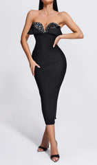 SEQUIN STRAPLESS MIDI DRESS IN BLACK