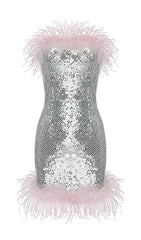 STRAP SILVER SEQUIN FEATHER MINI DRESS