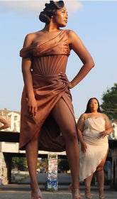 BROWN ASYMMETRIC DRAPE MIDI CORSET DRESS