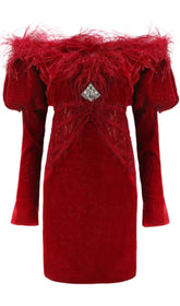 OFF SHOULDER OSTRICH FUR DECORATIVE SLIM-FIT MINI DRESS IN RED