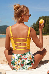 Luckybop Yellow Floral Print Bright Back Cutout Bikini Set