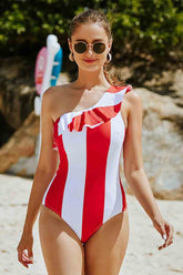 Red Striped Retro Ruffle One Shoulder One Piece Swimwear