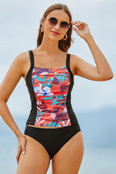 Natural Print Ruched Tropical Square Collar Tankini