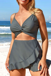 Plain Twisted Cutout On-trend Ruffles Skirted One Piece Swimwear