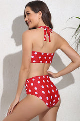 Polka Dot Halter Collar Twisted Chic Ruched Detail Bikini