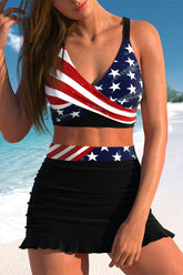 National Flag Print Festive V Neck Twisted Three Pieces