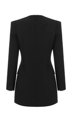 BLACK HOLLOW DRAPED TUXEDO DRESS