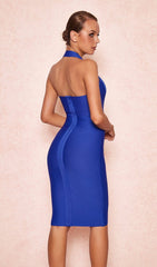 BLUE BANDAGE WRAP PLUNGE DRESS