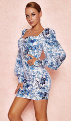 BLUE + WHITE PRINT PUFF SLEEVE FLORAL DRESS