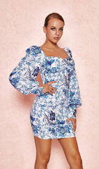 BLUE + WHITE PRINT PUFF SLEEVE FLORAL DRESS