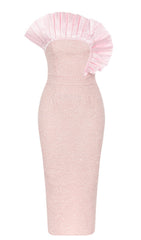 BODYCON RUFFLE DETAIL MIDI DRESS IN PINK
