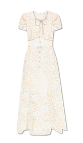 BOW-EMBELLISHED FLORAL-LACE MIDI DRESS IN BEIGE