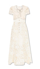BOW-EMBELLISHED FLORAL-LACE MIDI DRESS IN BEIGE