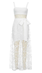 BOW-EMBELLISHED LACE MIDI DRESS IN WHITE
