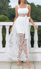 BOW-EMBELLISHED LACE MIDI DRESS IN WHITE