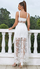 BOW-EMBELLISHED LACE MIDI DRESS IN WHITE