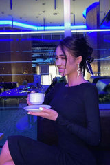 LONG SLEEVE CRYSTAL BANDAGE MIDI DRESS IN BLACK