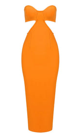 BUSTIER NECKLINE CUT OUT BANDAGE DRESS IN ORANGE