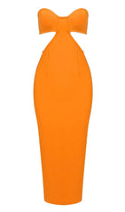 BUSTIER NECKLINE CUT OUT BANDAGE DRESS IN ORANGE