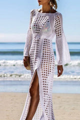 Solid Color Glamorous Drawstring Side Slit Cutout Crochet Beachwear