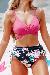 Rose Print Pretty Wrap Drawstring High Waisted Bikini