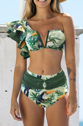 Natural Print Unique Ruffle One Shoulder Bikini